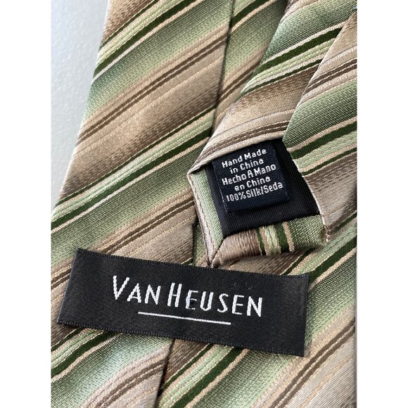 Van Heusen Hand-Made Silk Neck Tie Green Sage Brown Striped Design Business Wear - Picture 2 of 5